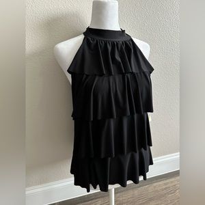 NWT Susan Lawrence Petite Black Ruffle Sleeveless Top Size PS S